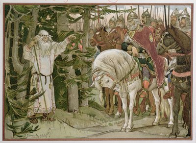 O Príncipe Oleg (dc912) encontra o adivinho que profetiza que seu cavalo será a causa de sua morte, ilustração de "O Cântico de Oleg, o Sábio". 1899 de Victor Mikhailovich Vasnetsov