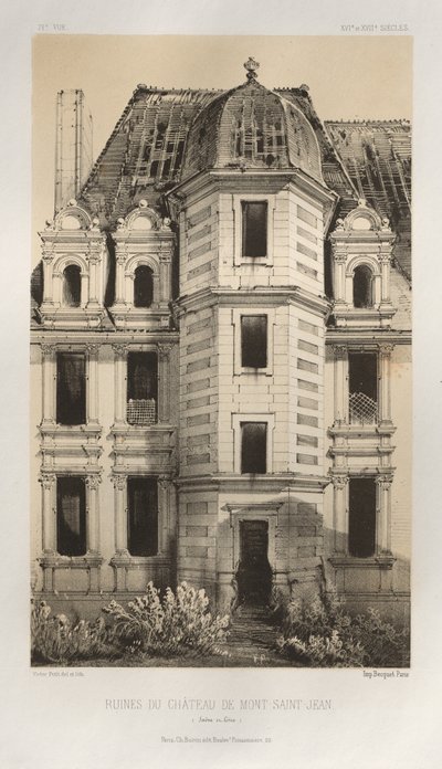 Arquitetura pitoresca ou monumentos do século XV. E XVI. Séculos: Castelos da França dos séculos XV e XVI: Pl. 71, Ruínas do Castelo de Mont-Saint-Jean (Saône et Loire) de Victor Petit