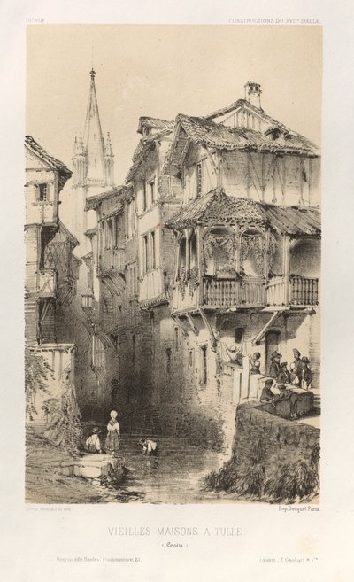 Arquitetura pitoresca ou monumentos do século XV. E XVI. Séculos: Castelos da França dos séculos XV e XVI: Pl. 10, Casas Antigas em Tule (Correze) de Victor Petit