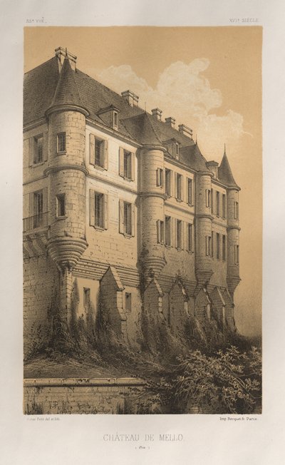 Arquitetura pitoresca ou monumentos do século XV. E XVI. Séculos: Chateaux De France dos séculos XV e XVI: Pl. 35, Château De Mello (Oise) de Victor Petit