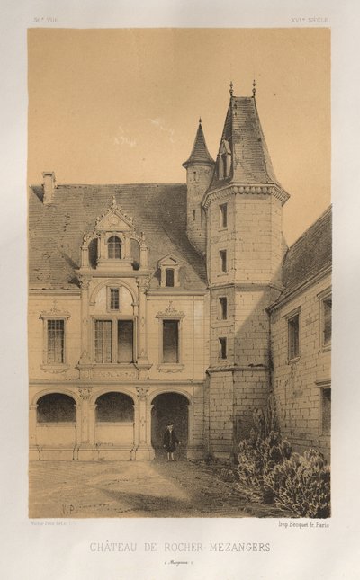 Arquitetura pitoresca ou monumentos do século XV. E XVI. Séculos: Chateaux De France dos séculos XV e XVI: Pl. 36, Château De Rocher Mezangers (Mayenne) de Victor Petit