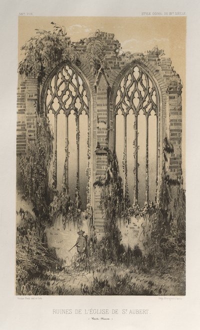 Arquitetura pitoresca ou monumentos do século XV. E XVI. Séculos: Castelos da França dos séculos XV e XVI: Pl. 38, Ruínas da Igreja de St. Aubert (Haute-Marne) de Victor Petit