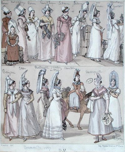 Fatos tradicionais da Normandia, c.1830 (cor litho) de Vierne (after)