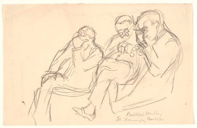 Esboço da figura. Três homens sentados: Pe. Henningsen, Aarsleff e P. Johansen de Viggo Johansen