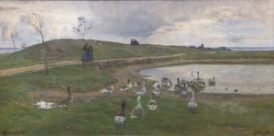 Gansos por um lago. Contra o clima turbulento. Dragør de Viggo Johansen