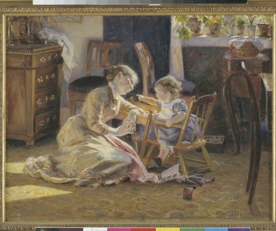 Luz do sol na sala de estar. A esposa e o filho do artista de Viggo Pedersen