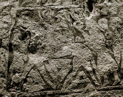 Os mortos montando o cavalo de Odin, detalhe de uma pedra funerária viking, século 7-8 d.C. de Viking