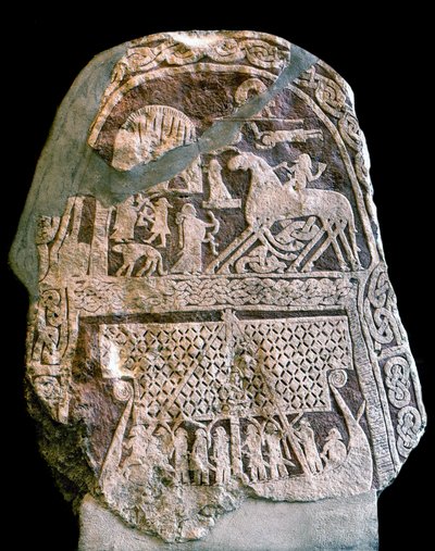 Runestone representando Wotan (Odin) no seu cavalo de oito patas Sleipnir, embarcando num barco Viking (pedra) de Viking Viking