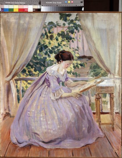 ""La brodeuse"" (Bordadora) Peinture de Viktor (Victor) Elpidiforovich Borisov-Musatov (Borisov Musatov) (1870-1905) 1901 Museu Estatal Russo, São Petersburgo de Viktor Elpidiforovich Borisov Musatov