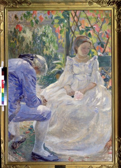 "Uma melodia de Outono". Uma cena galante entre um homem e uma mulher segurando uma flor. Estão vestidos à moda do século XVIII e parecem tristes (amor de separação?). Pintura por Viktor (Victor) Elpidiforovich Borisov de Viktor Elpidiforovich Borisov Musatov