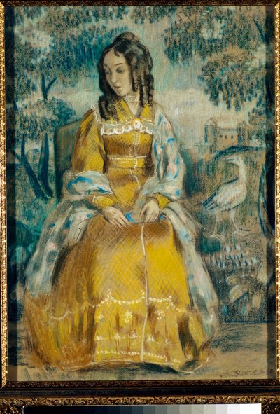 Portrait de Nadezhda Stanyukovich devant une tapisserie, pensive, vetue d