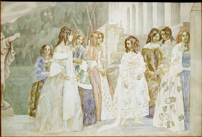 Requiem: jovens mulheres em vestidos de crinolina a falar num jardim - Trabalho de Viktor (Victor) Elpidiforovich Borisov-Musatov (Borisov Musatov) (1870-1905) de Viktor Elpidiforovich Borisov Musatov