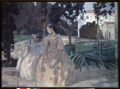 Tapeçaria. Duas elegantes jovens mulheres a caminhar no jardim de uma propriedade rica. Pintura por Viktor (Victor) Elpidiforovich Borisov Musatov (Borisov-Musatov)(1870-1905). Tempera sobre tela de Viktor Elpidiforovich Borisov Musatov