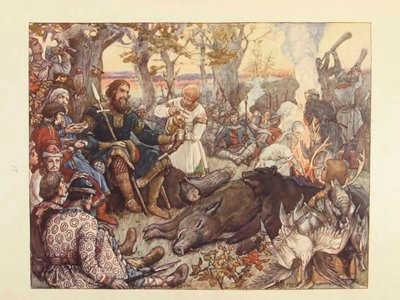 Resto do grande príncipe Vladimir II Monomakh na caça. A caça imperial na Rússia por N. Kutepov, de Viktor Mikhaylovich Vasnetsov