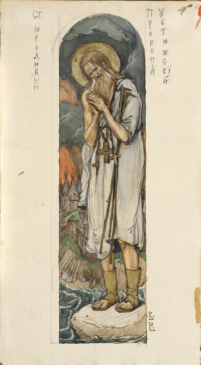 São Procópio de Ustyug Estudo para afrescos na Catedral St Vladimirs de Kiev, 1884-1889 de Viktor Mikhaylovich Vasnetsov