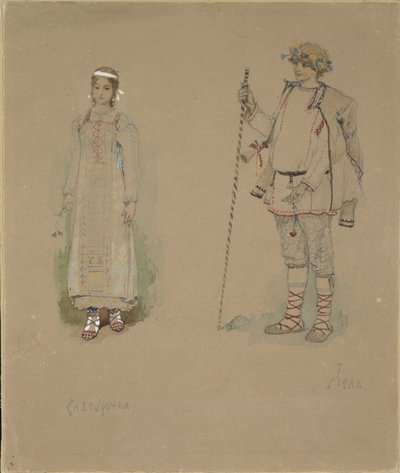 Donzela de neve e Lel. Figurino da ópera Snow Maiden de N. Rimsky-Korsakov, 1885 de Viktor Mikhaylovich Vasnetsov