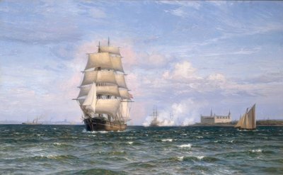 Barcaça dinamarquesa em frente ao Castelo de Kronborg e Helsingor à distância de Vilhelm Arnesen