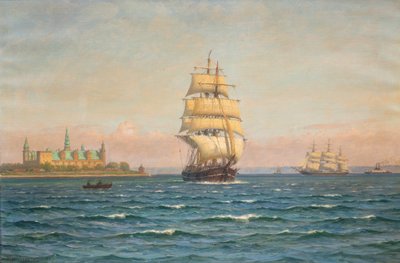 Navios à vela e um ferry ao largo de Kronborg. de Vilhelm Arnesen