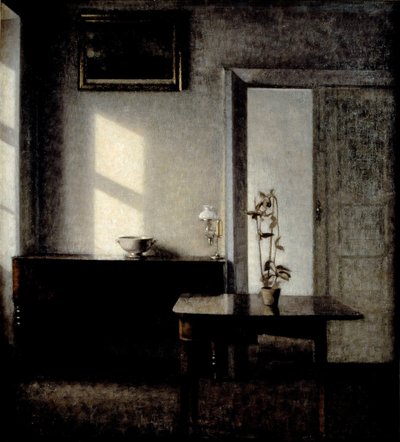 Interior com vaso de plantas na mesa de cartão, 1910-1911 de Vilhelm Hammershøi