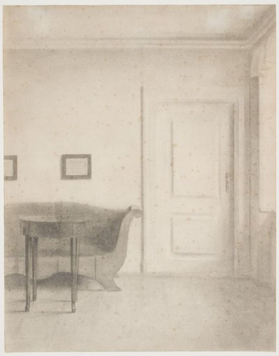 Interior com sofá e mesa pequena, t.h. uma porta de Vilhelm Hammershøi