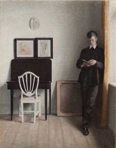 Interior com um jovem a ler de Vilhelm Hammershoi