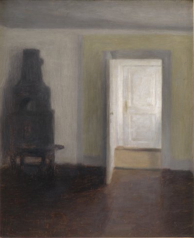 Interior com um fogão antigo de Vilhelm Hammershoi