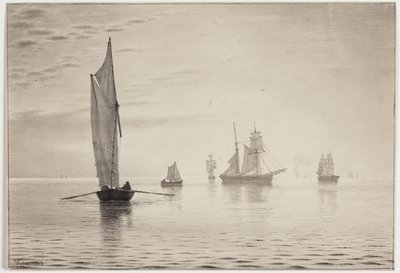 Navios em clima calmo no lago de Vilhelm Kyhn