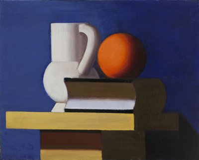Natureza morta com frasco branco, laranja e livro de Vilhelm Lundstrøm