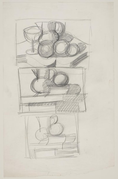 Folha de estudo com três rascunhos de layouts de Vilhelm Lundstrøm