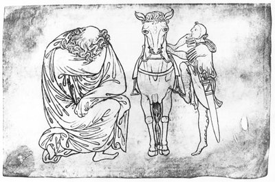 Cópia de fac-símile da Sra. Fr 19093 fol.23v Homem sentado, Cavaleiro montando seu cavalo de Villard de Honnecourt
