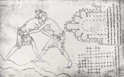 Ms.Fr.19093 fol.14v Dois lutadores, plano de uma igreja cisterciense e plano do coro de Notre-Dame de Cambrai (cópia fac-símile) de Villard de Honnecourt