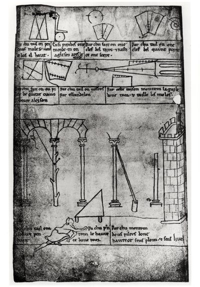 Ms.Fr.19093 fol.20v Figuras geométricas para construção, arcos e homem medindo a altura de uma torre (cópia de fac-símile) de Villard de Honnecourt