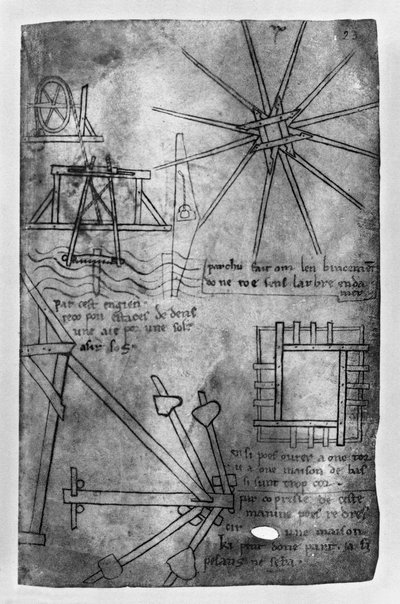 Vários motores e instrumentos: sob a máquina de serrar água para estacas, embrasure roda, endireitando-se strut para casa inclinada, curto modelo de montagem de peças de madeira (cópia fac-símile) (caneta e tinta sobre pa de Villard de Honnecourt
