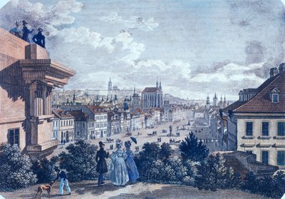 Mercado de cavalos na Praça Venceslau, Praga, 1835 (gravura em aço colorido) de Vincenc and Geissler, F. Morstadt