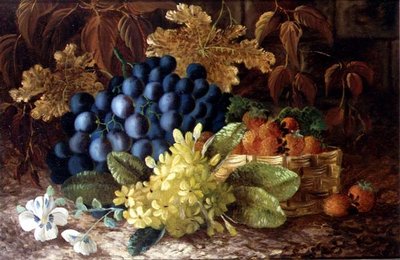 Uma natureza morta de uvas e um cesto de morangos num banco musgoso. de Vincent (after) Clare