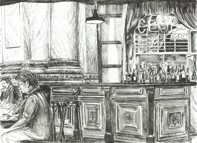 Café no Royal Exchange, Manchester, 2011, (tinta sobre papel) de Vincent Alexander Booth