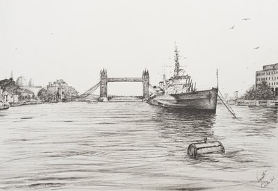 HMS Belfast no rio Tamisa Londres, 2006, (tinta sobre papel) de Vincent Alexander Booth