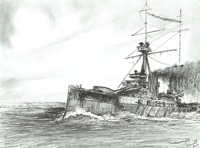 HMS Dreadnought no mar, 2017, (tinta no papel) de Vincent Alexander Booth