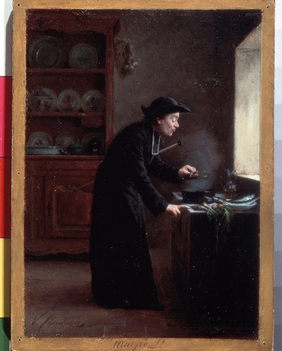 "Skinny" (Tarifa Quaresmal) Um sacerdote que cozinha durante o período Careme. Pintura de Vincent Jean-Baptiste (Jean Baptiste) Chevilliard (1841-1904) Museu Hermitage, São Petersburgo, Rússia de Vincent Chevilliard