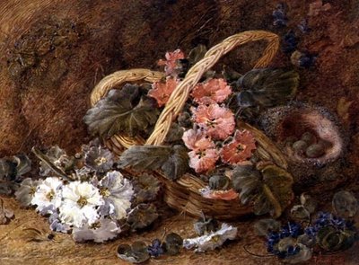 Um ninho de pássaros e um cesto de flores (aguarela) de Vincent Clare