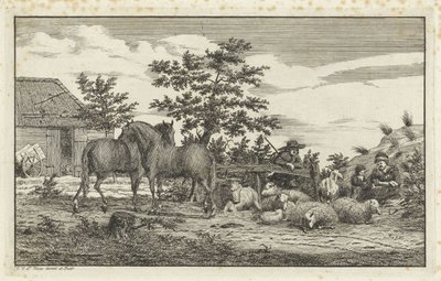 Pastor por mulher sentada e crianças por ovelhas e dois cavalos de Vincent Jansz. van der Vinne