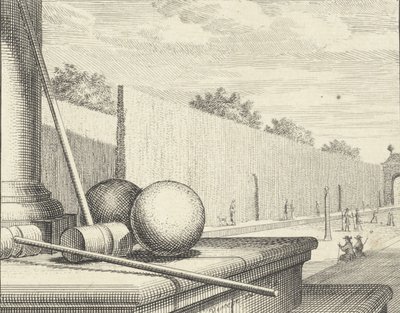 Atributos de croquet com jogadores de croquet ao fundo, 1714. de Vincent Laurensz Vinne van der