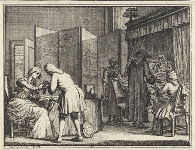 Figuras em torno de uma cama doente e um médico que conecta uma mulher de Vincent Laurensz. van der Vinne (II)