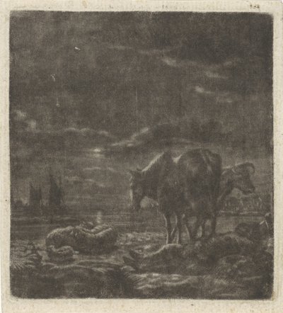 Paisagem noturna com pastor e gado dormindo de Vincent Laurensz. van der Vinne (II)