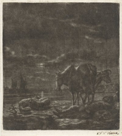 Paisagem noturna com pastor e gado dormindo de Vincent Laurensz. van der Vinne (II)