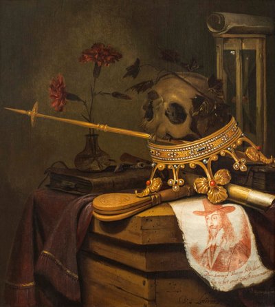 Uma Vanitas ainda vida com caveira, coroa, cetro, flauta, fole, ampulheta, cravos em um vaso de vidro, pergaminho, livro e um retrato gravado de Carlos I de Vincent Laurensz van der Vinne