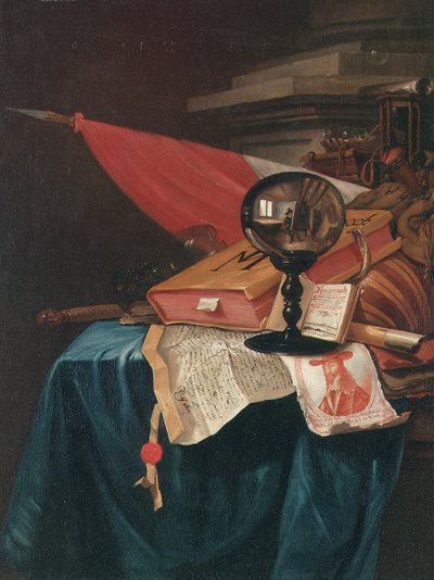 Vanitas ainda vida com o artista em seu cavalete refletido em uma bola de cristal de Vincent Laurensz van der Vinne