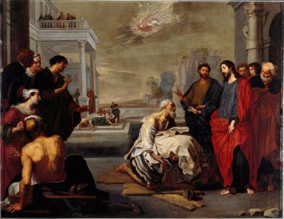 Jesus milagrosamente guerreou um paralítico em Capharnaeum Painting de Vincent Malo (ca. 1600-1650). Genes, Galleria Nazionale di Palazzo Spinola Itália de Vincent Malo