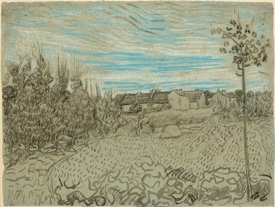 Casas de campo com uma mulher a trabalhar no meio do terreno de Vincent van Gogh