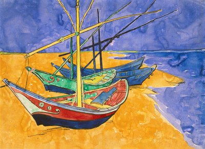 Barcos de Pesca na Praia em Saintes-Maries-de-la-Mer (caneta e tinta com aguarela sobre papel) de Vincent van Gogh